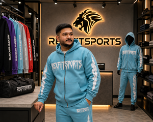 REXFITSPORTS 2026 Survêtement graphique bleu ciel pour homme avec fermeture éclair intégrale, en molleton de coton et polyester 280-300 GSM, personnalisable, style streetwear, comprenant un sweat à capuche et un pantalon de jogging - Product Image 3