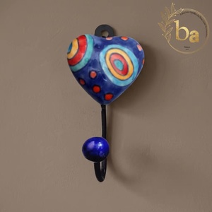 Beads Art Handmade Ceramic Heart Wall Mounted Multifunction Blue Multicolor Pattern Novelty Decorative <b>Single</b> <b>Hook</b> - Product Image 1