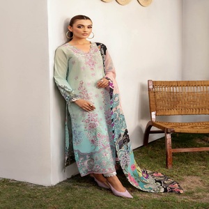 Travail de broderie pakistanaise indienne pour femmes trois pièces robe Saari lourde brodée Salwar Kameez Style indien pakistanais adultes - Product Image 3