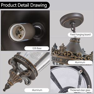 Lanterne suspendue d'extérieur Antique Crown, 18 pouces (H), étanche, luminaire suspendu vintage, design en métal orné, verre transparent, lampes de jardin - Product Image 4