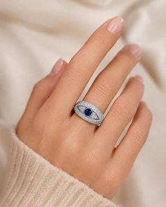 925 Sterling <b>Silver</b> Blue Sapphire Diamond <b>Ring</b> Pave Set Luxury Round Center Stone <b>Statement</b> Jewelry Hip Hop <b>Ring</b> - Product Image 3