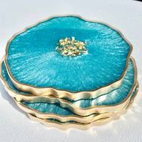 Ensemble de sous-verres en résine - Sous-verres en résine turquoise géode avec accents dorés, idéal pour les cadeaux de déménagement, les enseignants, les mariages, les agents immobiliers.