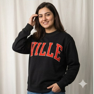 <b>Women's</b> <b>Navy</b> Blue Crew Neck Sweatshirt With White VILLE Letter Print Regular Fit 100 Cotton Knitted Autumn Wear - Product Image 2