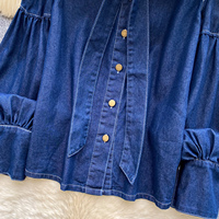 Blusas de Mezclilla Elegantes con Cuello de Lazo y Manga Larga para Otoño, Camisas con Lazo para Mujer, Tops Elegantes para Dama, Ropa al por Mayor para Mujer