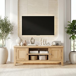 Mueble de TV Moderno de Madera Maciza con Armarios y Estante Abierto para Sala de Estar, Diseño Escandinavo de 50-54 Pulgadas, Mueble de Almacenamiento - Product Image 1