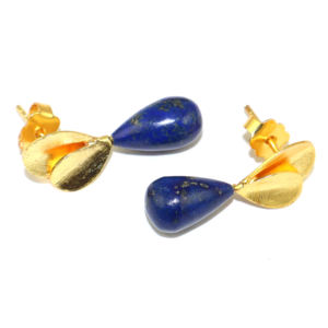 Boucles d'oreilles pendantes en laiton plaqué or 18 carats, style minimaliste, pierre de lapis-lazuli en forme de goutte, motif feuille, pour femmes et filles, vente en gros - Product Image 2