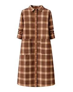 Robe chemise marron à carreaux personnalisée pour femme, manches longues, boutonnée, mi-longue, coupe décontractée, en coton tissé avec poches avant, pour usage quotidien - Product Image 1