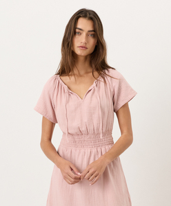 Vestido Midi 100% Orgánico de Doble Gasa con Cuello Abierto y Lazos, Mangas Raglán con Volantes y Cintura Elástica Fruncida - Product Image 1