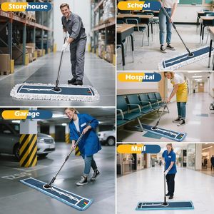 Serpillère Commerciale en Coton Réutilisable Auto-essoreuse Durable pour Nettoyage de Sols Plats avec Long Manche Métallique et Bac en Acier Inoxydable - Product Image 5