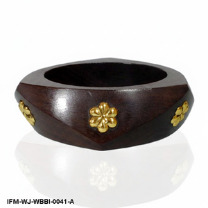 Handcrafted Dark Wood <b>Bangle</b> with Brass Floral Inlay Geometric Statement <b>Wooden</b> Bracelet for Women - Product Image 5