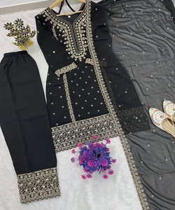 Hot Selling <b>Kurti</b> Sharara Dupatta Set Premium Fancy Ethnic Wear Boutique Fashion Collection dubai style 81038 AC-7084 7094 Black - Product Image 3