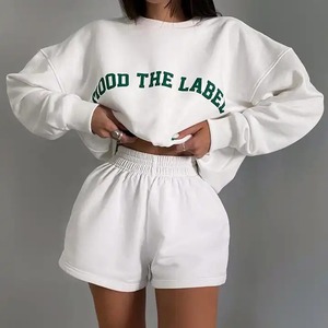 White Plus Size Women's Sweatshirt Set Crew Neck Long Sleeve Letter Print Loose Fit Elastic Waist <b>Shorts</b> Casual Outfit Woman Set - Product Image 5