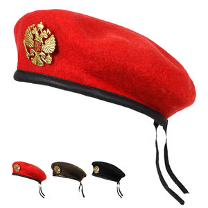 <b>Red</b> <b>Wool</b> Beret With Golden Eagle Emblem Unisex Formal Hat 56-58CM Four Seasons Wear - Product Image 1