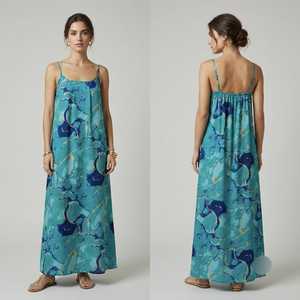 Women's Boho Floral Printed Floor-Length <b>Dress</b> Spaghetti Strap Regular Fit Viscose Polyester Woven Summer Casual <b>Elastic</b> Waist - Product Image 3