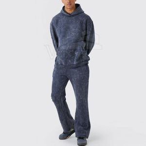 Puff Print Heavyweight Summer Breathable Sweatsuit <b>Mens</b> Custom Logo <b>Flare</b> Tracksuit Cotton Raw Hem Flared Pants Tracksuit - Product Image 1