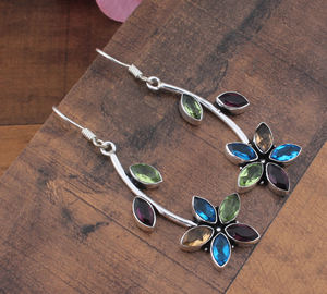 ต่างหูเงินแท้ 925 ประดับพลอยบลูโทแพซและโกเมนธรรมชาติ สไตล์วินเทจ เหมาะสำหรับเป็นของขวัญวันครบรอบแต่งงานหรืองานเลี้ยง - Product Image 4