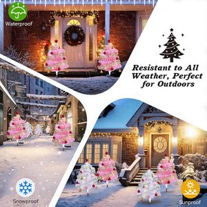 Set di 4 Alberi di Natale Preilluminati da Esterno, Alberi da Giardino da 86 cm con Nastri Intrecciati, Palline Rosse, Campanelle, Alberi di Natale a Energia Solare con Ricarica Type-C - Product Image 4
