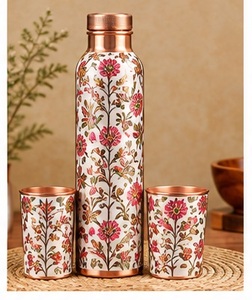 Artistic Copper <b>Water</b> <b>Bottle</b> and Cup Set with Lid Black Leaf Pattern Leak Proof <b>BPA</b> <b>Free</b> Portable Travel Drinkware - Product Image 4