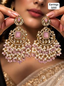 Boucles d'oreilles pendantes ethniques en laiton Kundan, motif floral, avec perles et cristaux, bijoux pour mariage et fête - Product Image 4
