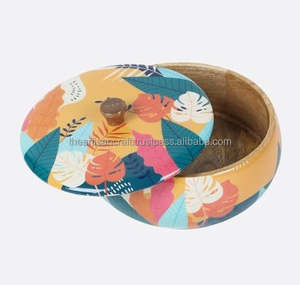 Yellow Blue Handcrafted <b>Wooden</b> Roti <b>Box</b> Printed <b>Lid</b> Floral Design Durable Eco-Friendly Multifunction Party Kitchen Serving - Product Image 5