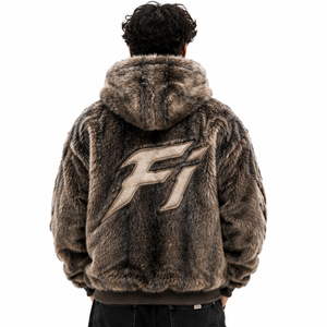 Fournisseur de sweats à capuche en molleton de coton marron pour homme, style streetwear, avec fermeture éclair texturée personnalisée, capuche à bordure brodée en fourrure et motif flamme, pour l'hiver - Product Image 2
