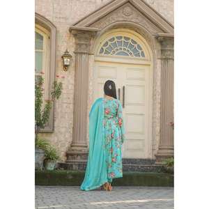 DISEÑADOR CHINON ESTAMPADO TRABAJO CON CUELLO PATRÓN VESTIDO INFERIOR CON DUPATTA VERDE MAR - Product Image 6