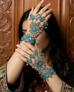 Exquisite Elaborate Vintage Traditional Tribal Engagement Wedding Gift Hand Jewelry <b>Set</b> Featuring Deep Luminous Blue Pearl Oval - Product Image 2