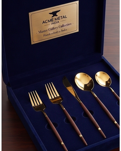 Ensemble de couverts plaqués or de luxe avec design moderne, manche brun, passe au lave-vaisselle, pour mariage, fête et restaurant. - Product Image 4