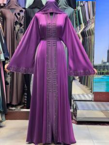 2026 New V Neck Long Sleeve Floor Length Modest Polyester Handmade <b>Flared</b> Hem Abaya Beaded Detail Women's Traditional Muslim - Product Image 1