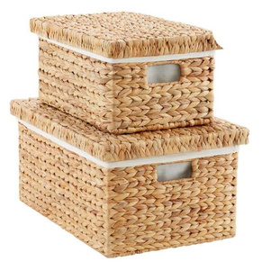 Natural Rattan <b>Storage</b> <b>Baskets</b> <b>Rectangle</b> Stackable Eco-Friendly Rustic Style Sundries Organizer with Lid - Product Image 1
