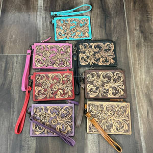 Cartera de mano para mujer, estilo nuevo, de cuero genuino repujado, con diseño floral completo, con cremallera, para tarjetas de crédito y cajeros automáticos, ideal para compras. - Product Image 4