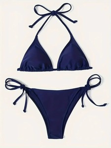 Ensemble bikini femme taille haute couleur unie avec soutien-gorge triangle rembourré amovible en tissu côtelé extensible et décolleté plongeant en V push-up - Product Image 5