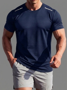 <b>Men's</b> <b>Navy</b> <b>Blue</b> Short Sleeve Slim Fit Quick Dry O-Neck T-<b>Shirt</b> Casual Knitted Polyester Workout Top - Product Image 2