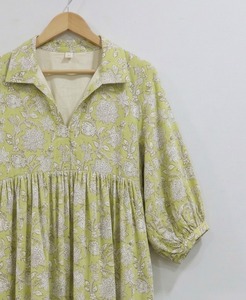 Robe midi pour femme, faite à la main, à col en V, à manches bouffantes, à coupe évasée, 100% coton, formelle, pour le bureau, respirante, écologique, naturelle - Product Image 6
