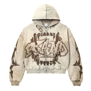 Custom Men Graphic Print Distressed Zip Hoodie Boxy Fit Acid Wash Streetwear Hoodie Y2K Frayed Hem Fleece Hoodie Manufacturer - Product Image 2