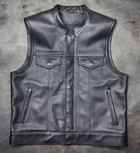 Collarless Club Style Leather Biker Vest In Black - Product Image 1