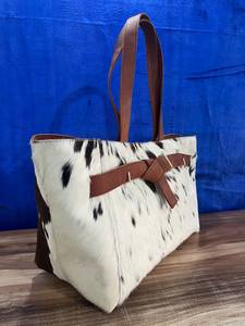 <b>Women's</b> Casual White Spotted Real Fur Tote <b>Bag</b> with Genuine Cowhide Leather <b>Belt</b> Western Style - Product Image 2