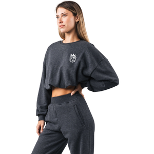 Sweat-shirt court à col rond pour femme, noir chiné, en molleton doux, à manches longues, décontracté, pour le sport et les loisirs, à porter au quotidien - Product Image 2