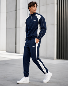 Ensemble de survêtement décontracté F2WIN pour homme, bleu marine et blanc, à blocs de couleur unie, manches longues, avec cordon de serrage, respirant, coupe régulière - Product Image 1