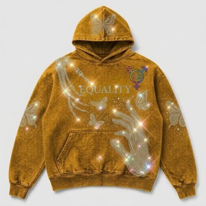 เสื้อฮู้ดดี้โอเวอร์ไซส์ลายกราฟิกวินเทจประดับเพชรสำหรับผู้ชายและผู้หญิง ผ้าฝ้ายพรีเมียม 100% ล้างสีแบบแอซิดวอช ลายโครงกระดูกผีเสื้อ สไตล์สตรีทแวร์ - Product Image 4