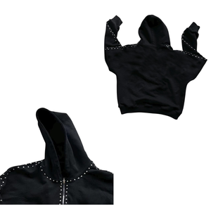Sweat à capuche zippé noir personnalisé coupe droite pour homme, en molleton 100% coton épais, coupe-vent, avec strass et rivets, idéal pour l'hiver - Product Image 3