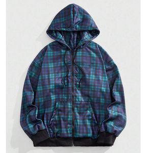 Sweat-shirt à capuche zippé personnalisé à carreaux colorés pour homme, style Y2K vintage streetwear, coupe oversize, en molleton, veste à carreaux hip-hop - Product Image 4