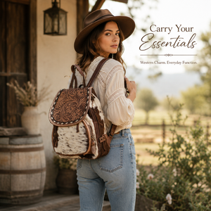 Western Hair-On Cowhide Leather <b>Mini</b> <b>Backpack</b> Hand Tooled Floral Genuine Leather for Travel Daypack Fashion <b>Backpack</b> for Women - Product Image 4