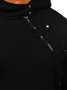 <b>Men</b> Black Pullover Hoodie Diagonal Zipper Front Snap Button Detail Adjustable Hood Long Sleeve Casual <b>Sweatshirt</b> 100% Cotton - Product Image 6