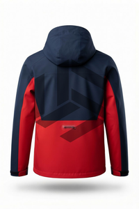 Custom Men's Winter Hooded <b>Jacket</b> <b>Red</b> Navy Color Block Sporty <b>Waterproof</b> Zipper Front Regular Fit - Product Image 5