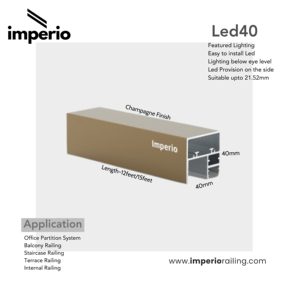 Imperio Led 40 Handrail in Aluminium for Glass Railing Toprail or Caprail with Led <b>Lighting</b> providing Indirect Led <b>Lighting</b> - Product Image 5