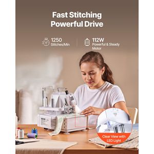 Macchina da Cucire Overlock con 1250 Punti al Minuto, Luce LED, Piedini a Forte Suzione, Capacità 3-4 Fili - Product Image 4