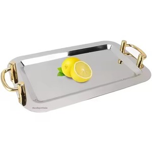 Plateau de service rectangulaire moderne en acier inoxydable de qualité alimentaire avec poignées dorées, design moderne, vaisselle durable pour les fêtes - Product Image 1