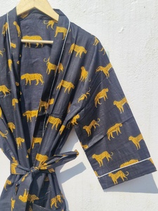 Pure Cotton Indian Block printed House Robe Summer <b>Kimono</b> <b>Beach</b> Coverup/Comfy Maternity | Fresh Yellow Mustard Pink Stripe Leopa - Product Image 3