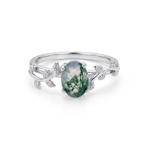 Oval <b>Moss</b> <b>Agate</b> 925 Sterling Silver Prong Set Leaf Vine Nature Inspired Engagement Wedding Band Party <b>Rings</b> for Women - Product Image 1